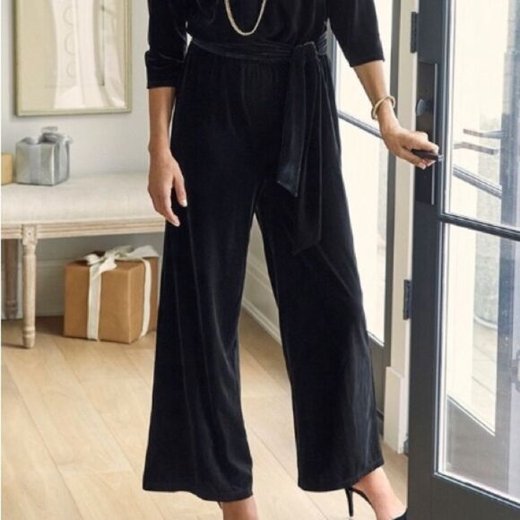 CHICO’S TRAVELERS COLLECTION Black Velvet Jumpsuit Women's Large Belted Wide Leg - Picture 5 of 12